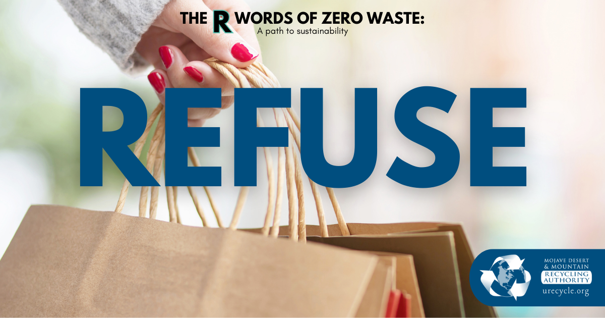 Hand holding paper shopping bags, “REFUSE” overlay
