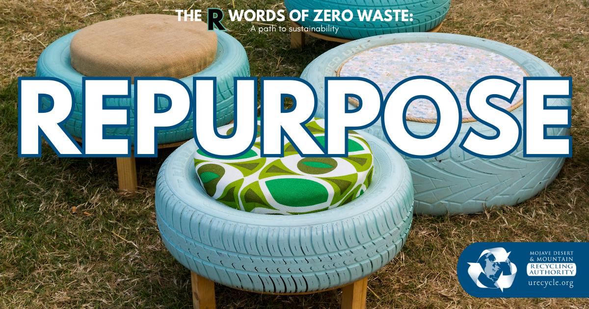 Image of tires turned into seats, “REPURPOSE” overlay