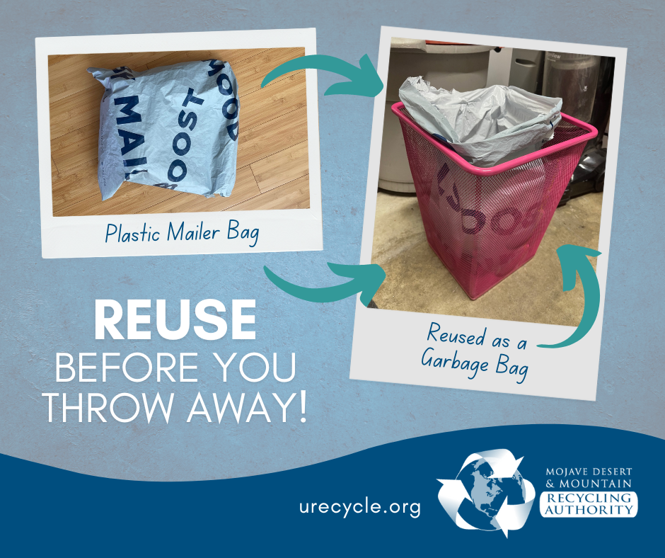 Picture of a plastic mailer bag, then reused as a trash bag.