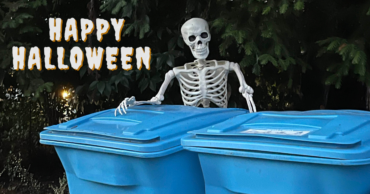 A halloween skeleton stands behind recycle carts