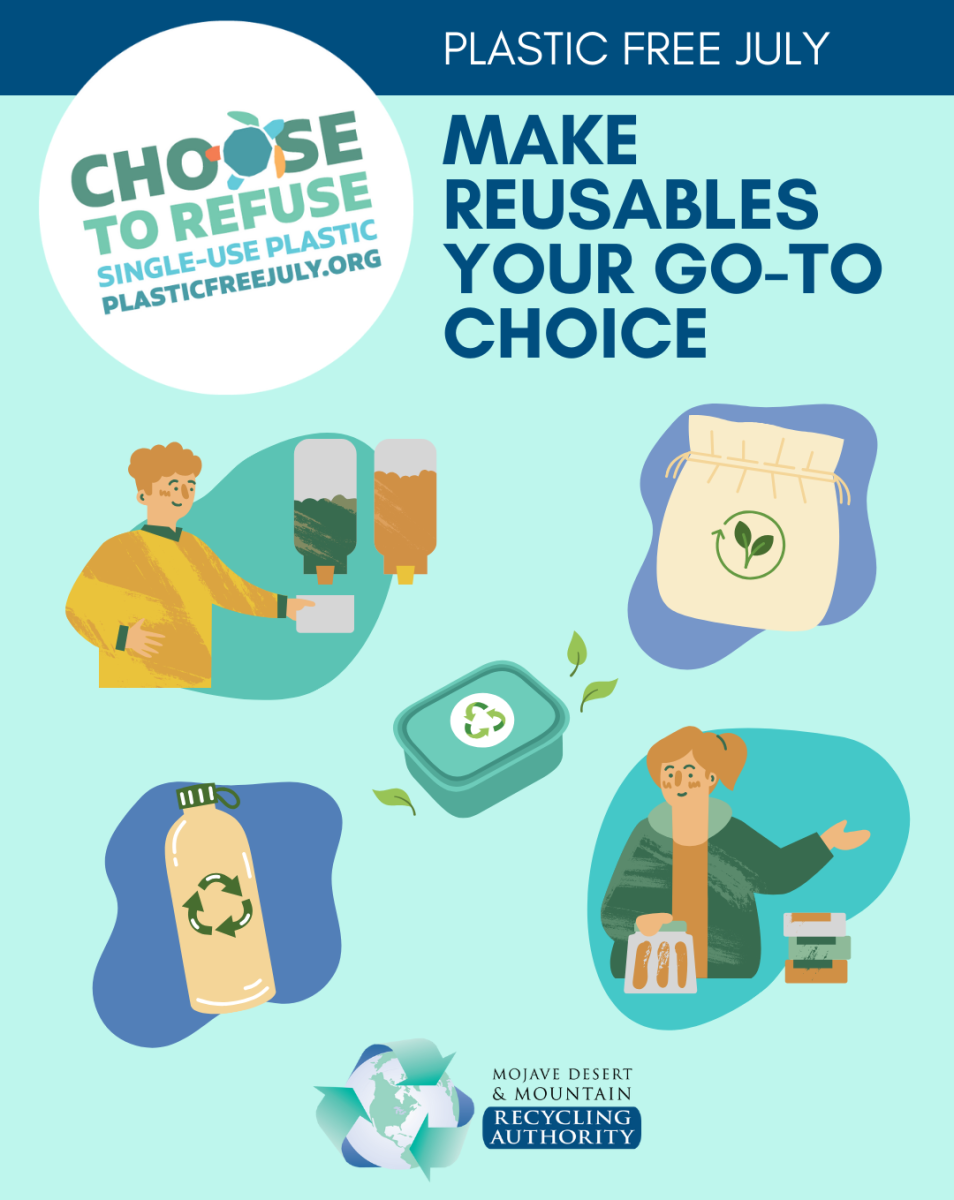 Ditch Disposables for Plastic Free July - Graphics of reusable bags, bottles, containers