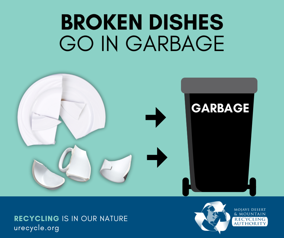 Image of broken dishes with arrow pointing to garbage can.