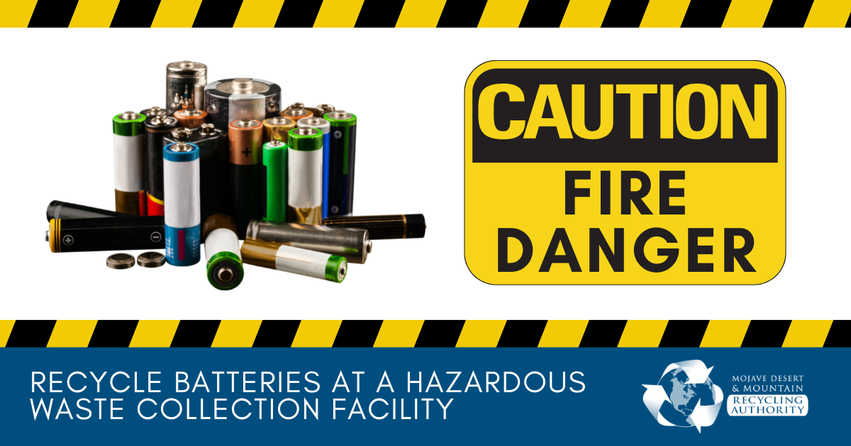 Batteries with caution tape and fire danger warning sign