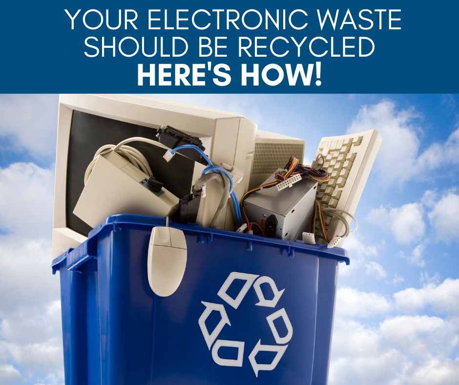 Image: blue recycling bucket with ewaste in it