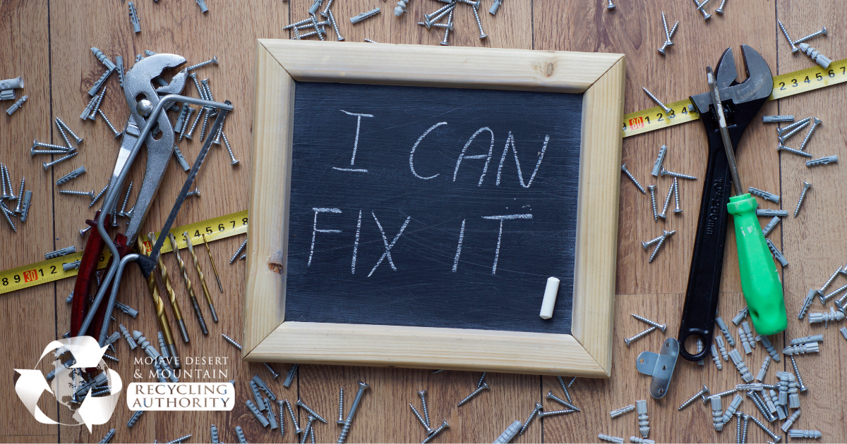 Chalkboard sign says “I can fix it” with tools around it.