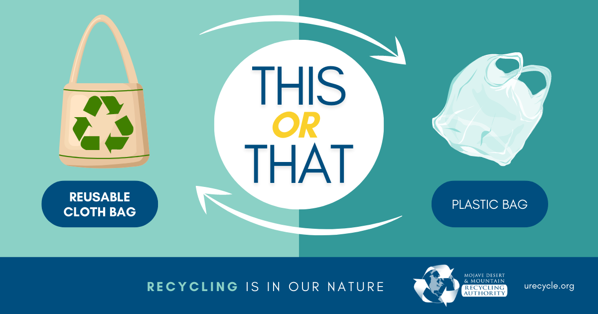 Image: illustrations of a plastic bag vs. a reusable cloth bag