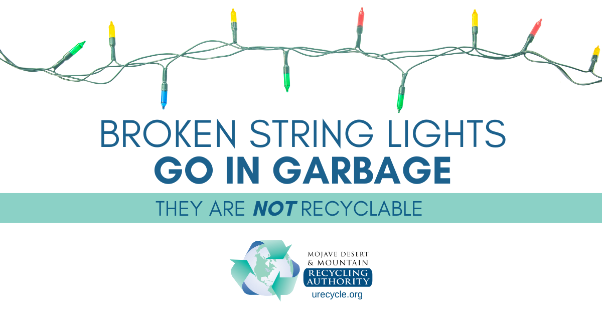 Picture of a few string lights with “Broken Sting Lights Go in Garbage” words