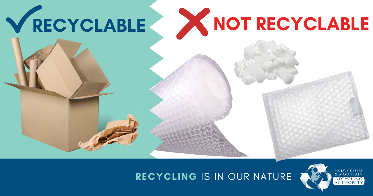 Cardboard recyclables and images of plastic an bubble wrap which isn’t recyclable