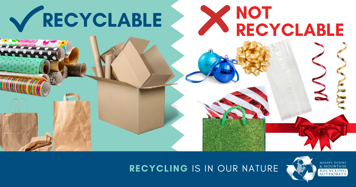 Image of recyclable items like paper, boxes and wrapping paper, plus non-recyclable like glitter bags, ribbon and plastic