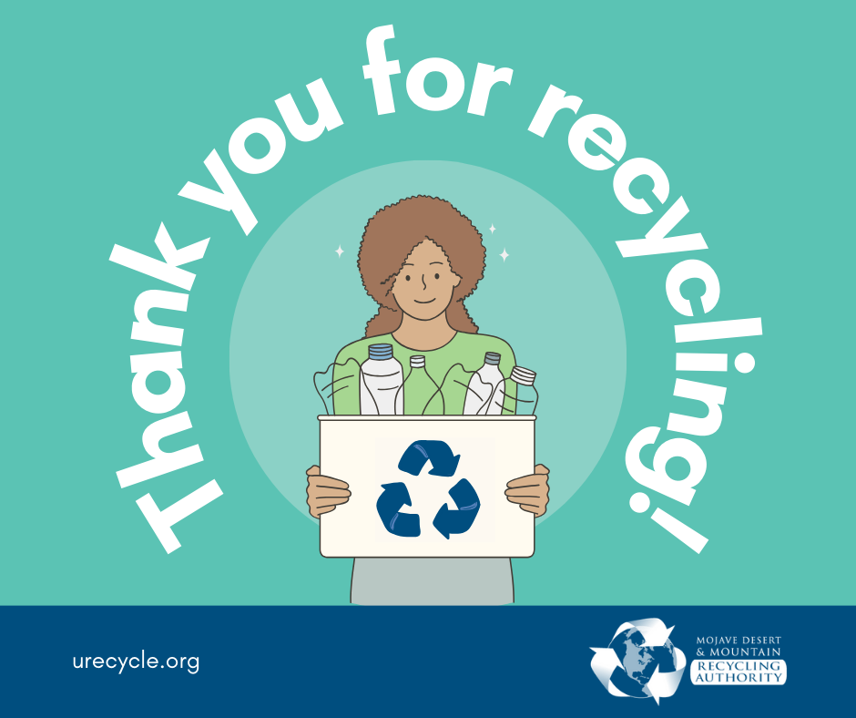 Illustration of woman holding a box of recycling: words say “thank you for recycling"