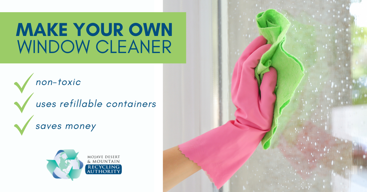 A pink-gloved hand wipes a window; words say “Make Your Own Window Cleaner"