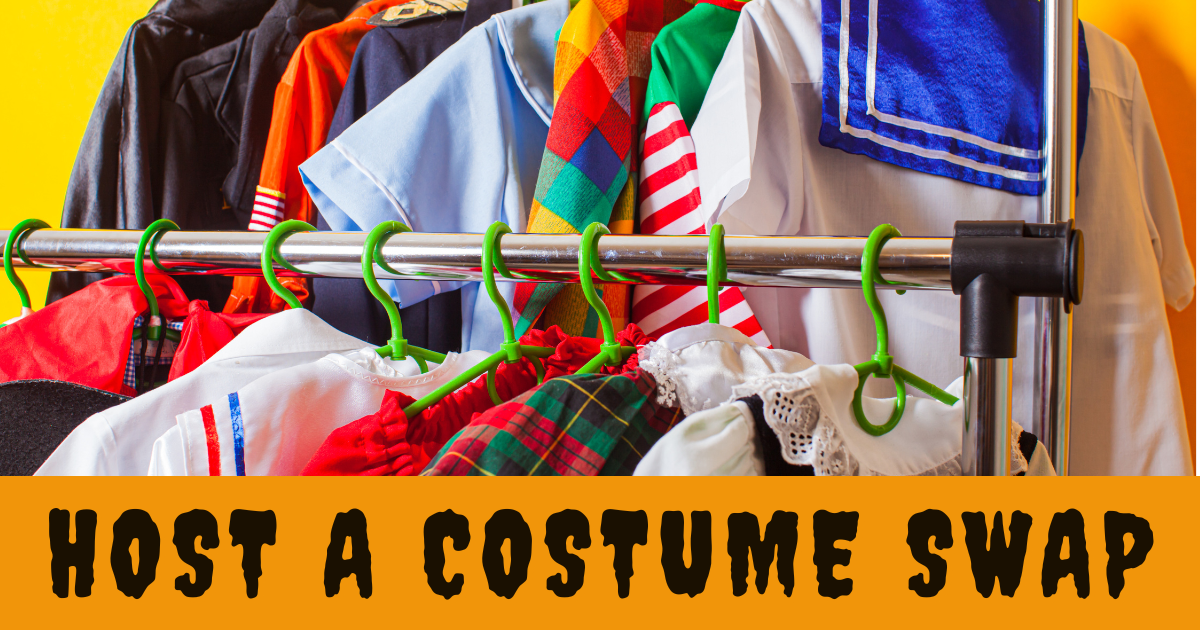 Halloween Costumes on a rack “Host a Costume Swap"