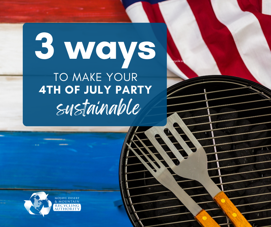 A BBQ on American flag background. Words: 3 ways to make your 4th of July party sustainable