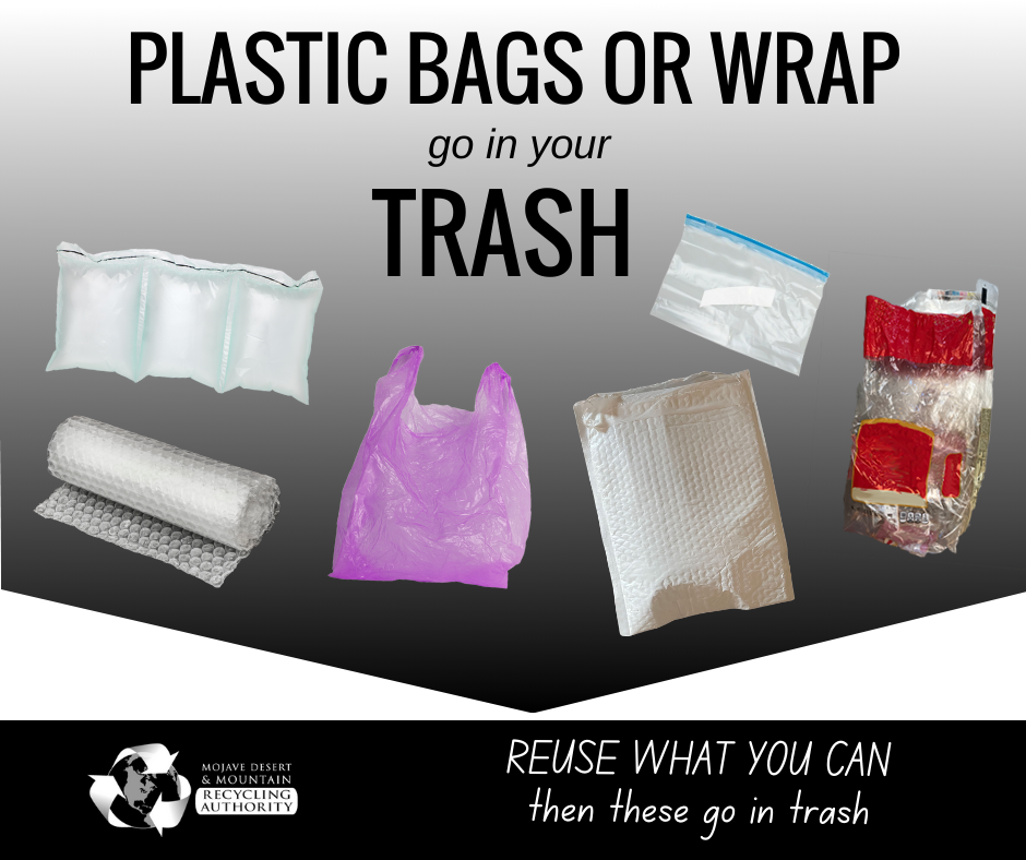 Images of plastic bags and film that belong in trash, not recycling