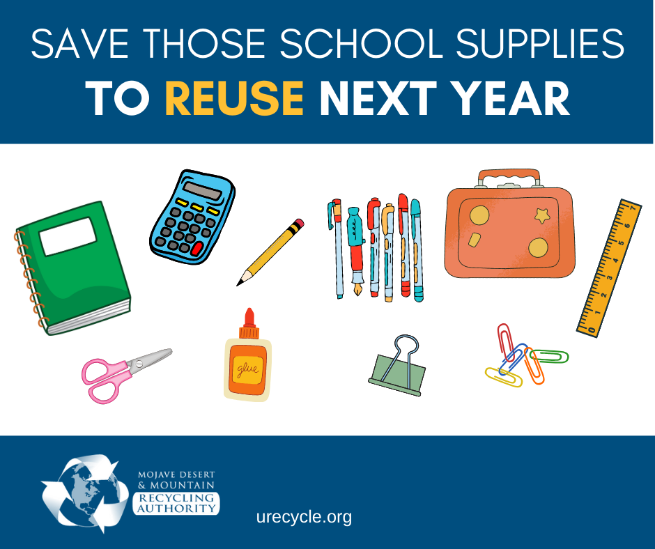 Illustrations of common school supplies that can be saved and reused.