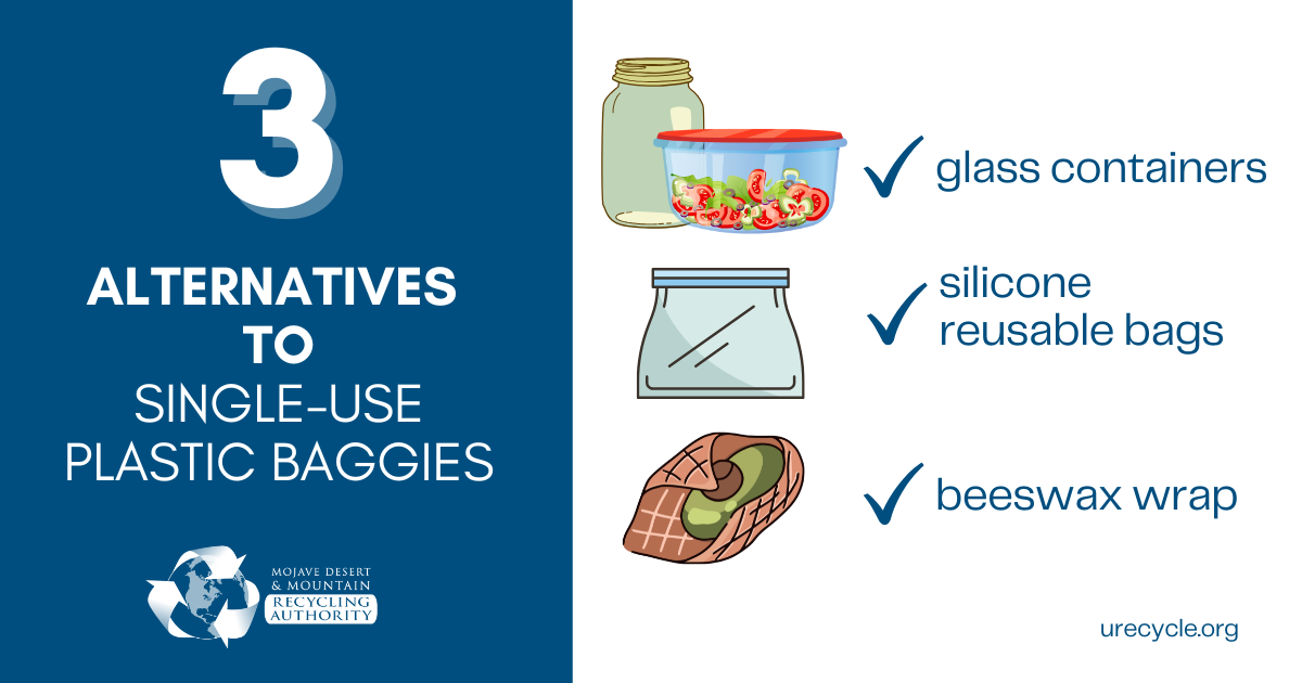 Graphic Showing 3 alternatives to plastic bags for kitchen storage