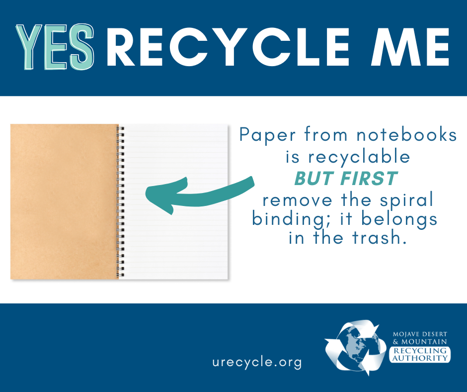 Image of a spiral notebook. Words: Paper from a notebook is recyclable but remove the wire binding, that goes in trash