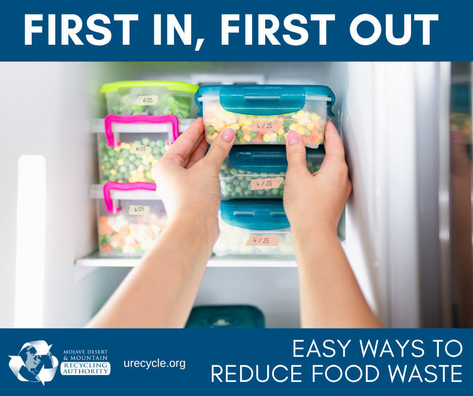 A freezer with labeled storage containers. Words: First In, First Out