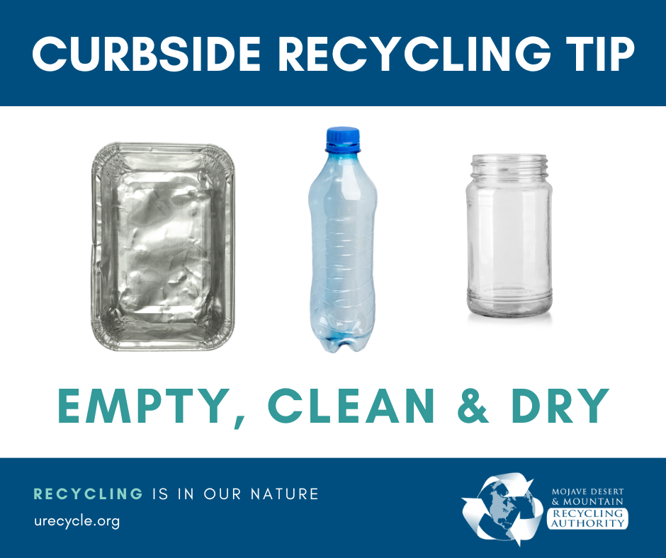 Aluminum tray, plastic bottle, and glass jar image. Words: Empty, clean & dry.