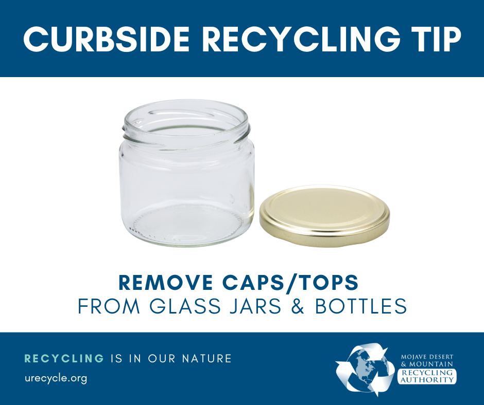 A glass jar with a metal top next to it. words: remove caps/tops from glass jars & bottles