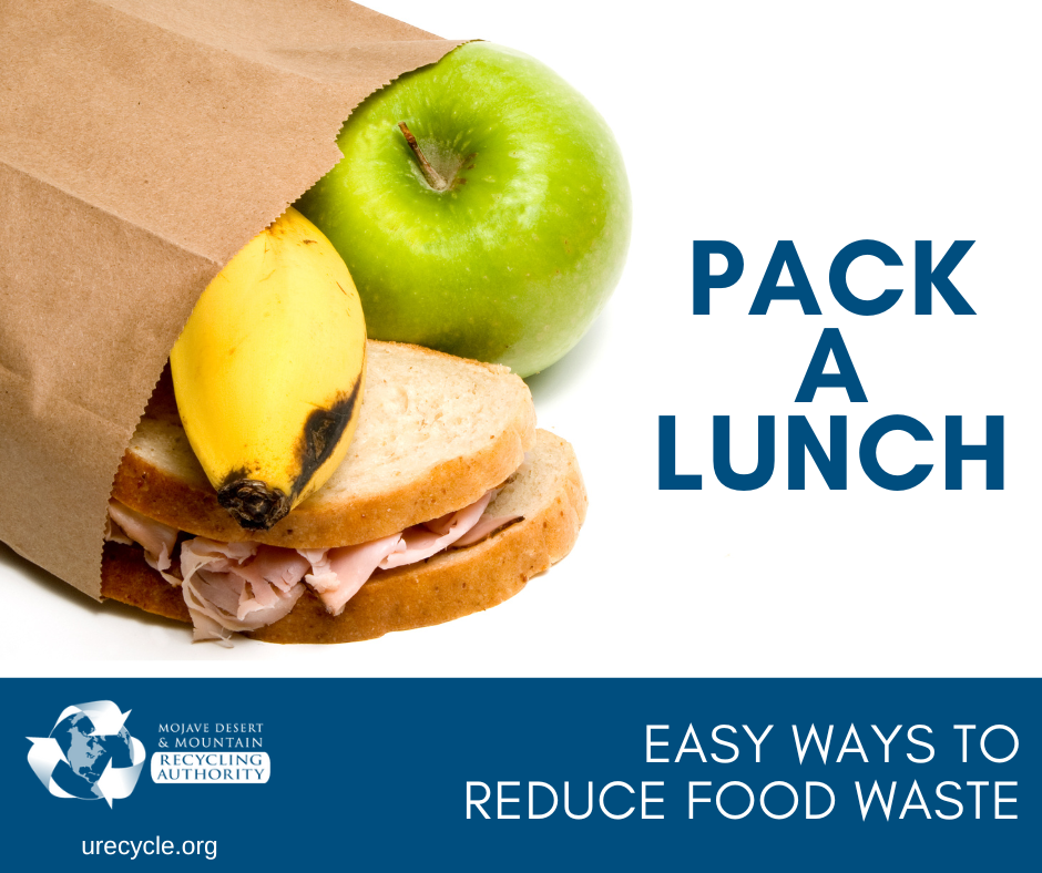 A lunch in a brown paper bag. Words: Pack a Lunch