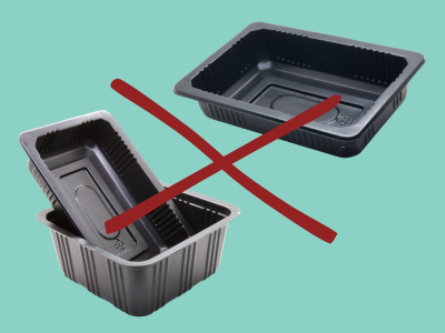Black Plastic food containers with red X through them