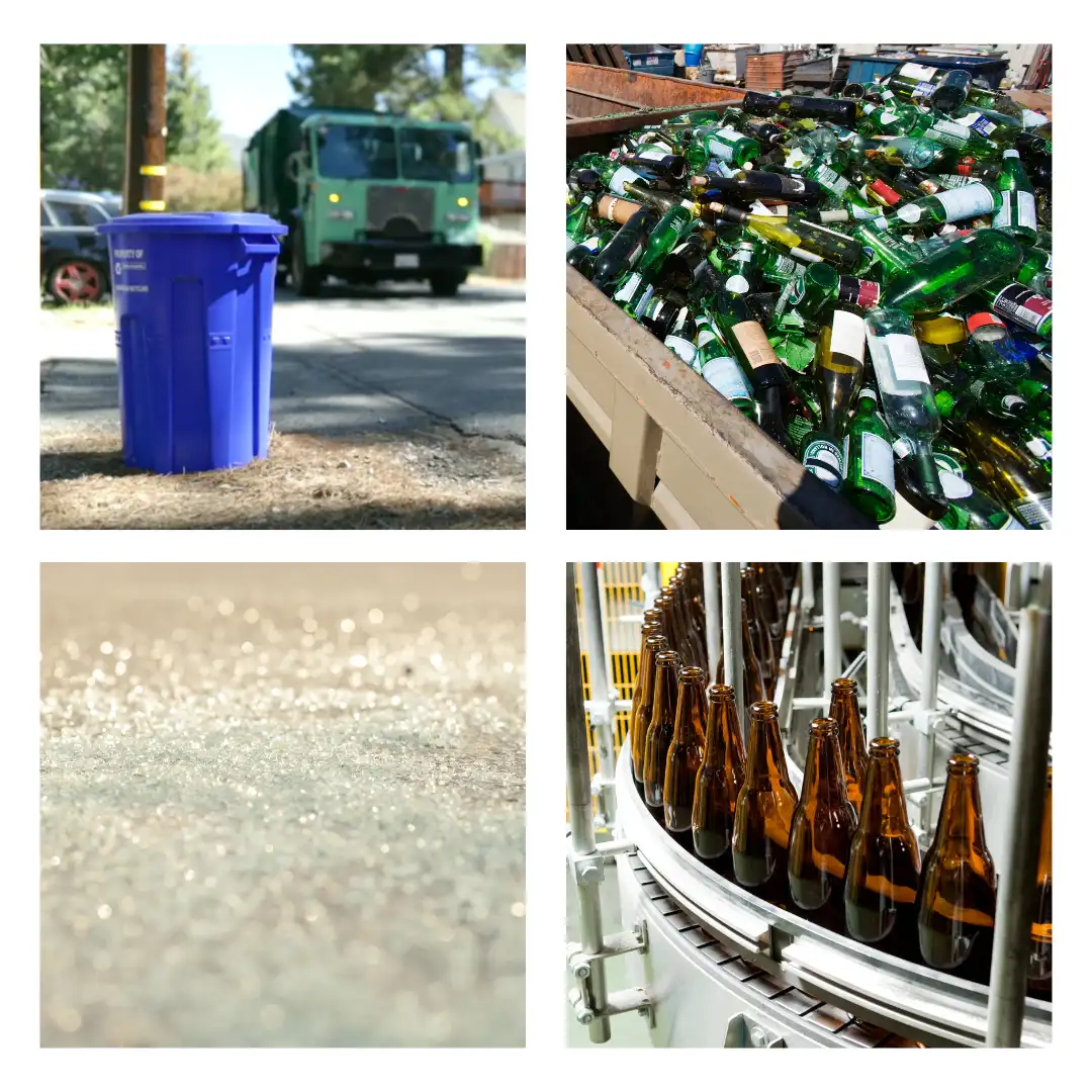 Glass recycling process pictures from collection to manufacturing new bottles