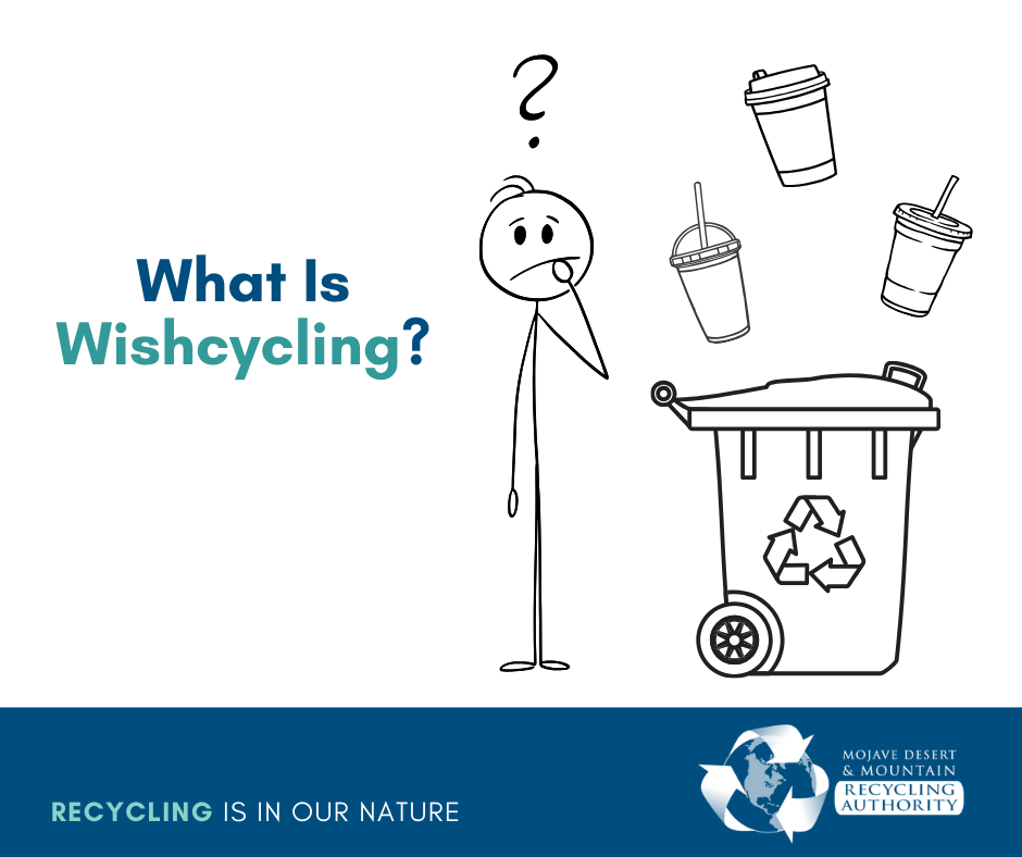 Illustration of stick figure with a question mark and cups over a recycling cart. What is Wishcycling?