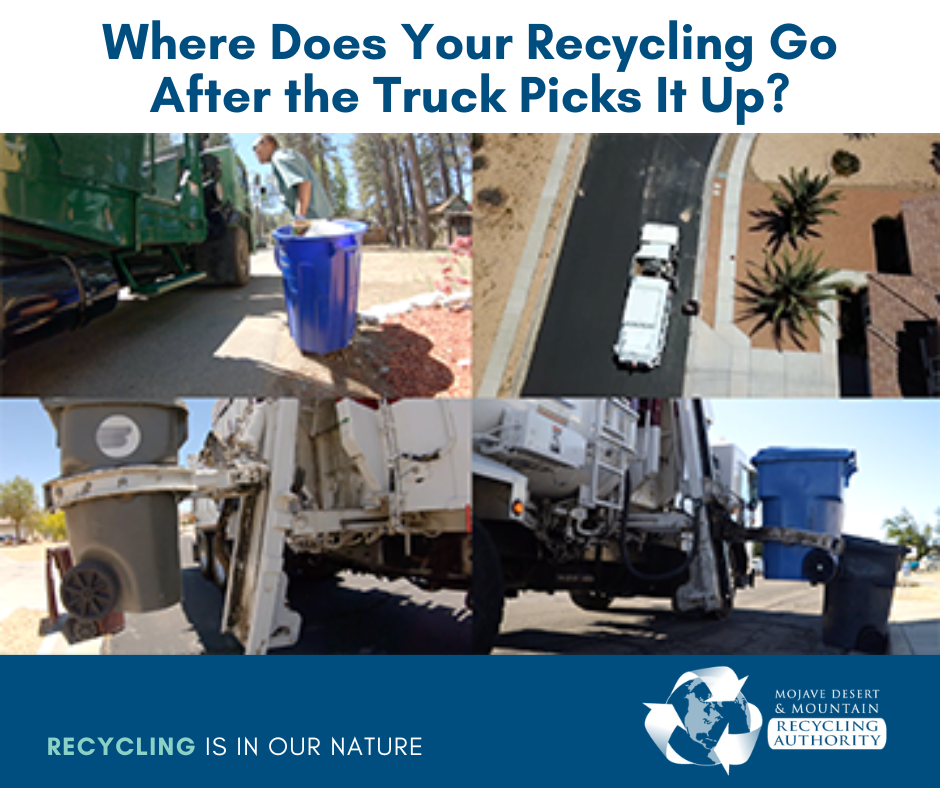 Images of trucks picking up recycling in San Bernardino County