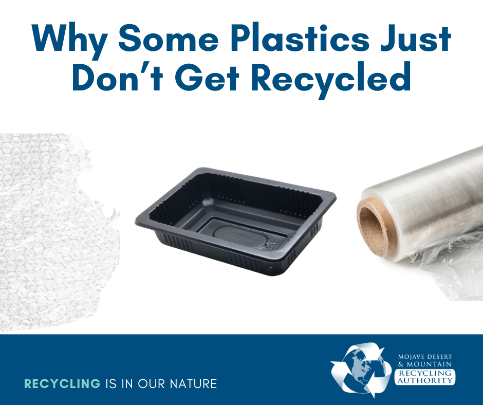 Image of bubble wrap, plastic wrap and a black plastic tray: examples of plastic that is NOT recyclable 