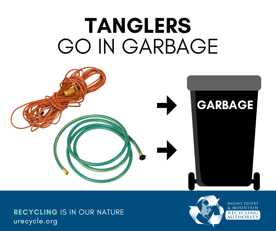 Image of chord and hose with arrows pointing to a black garbage can