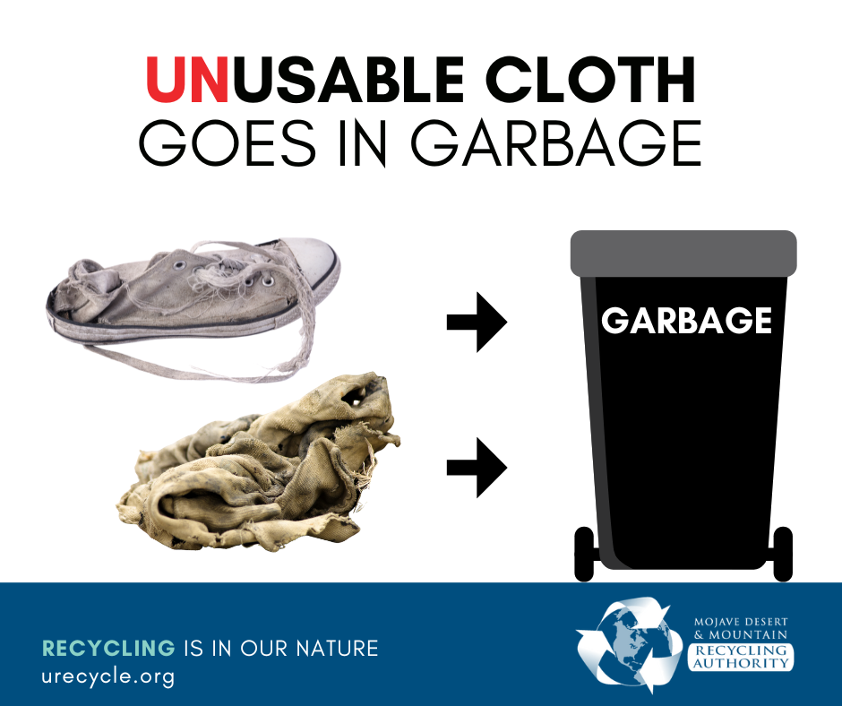 old shoe and dirty rag images with arrows toward black garbage can