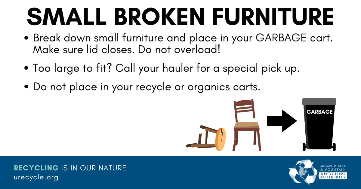 Small Broken Furniture are trash, not recycling. Illustrations of broken chair and stool next to garbage can