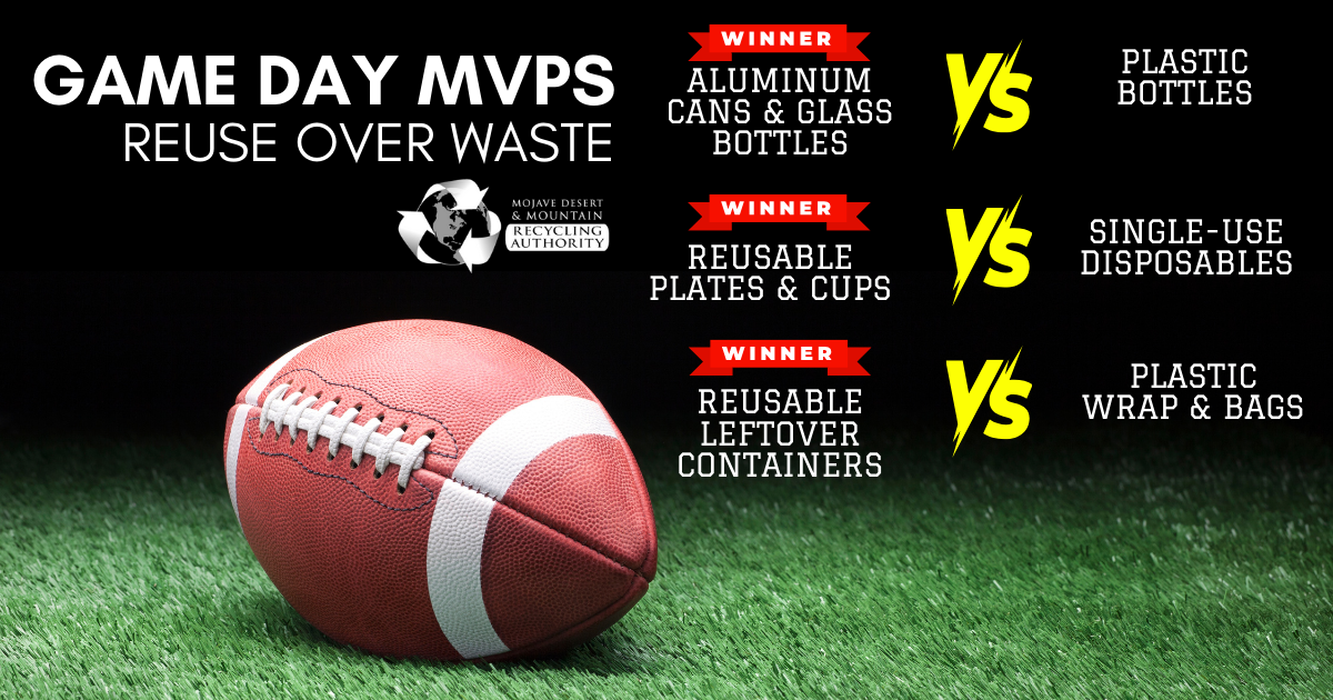 A football on turf. Words: "Game Day MVPS" examples of REUSE over single-use waste