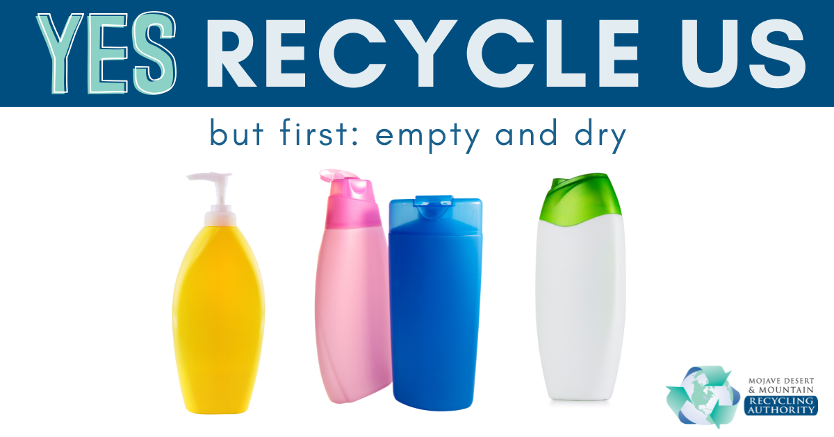 Examples of recyclable plastic shampoo bottles against a white background