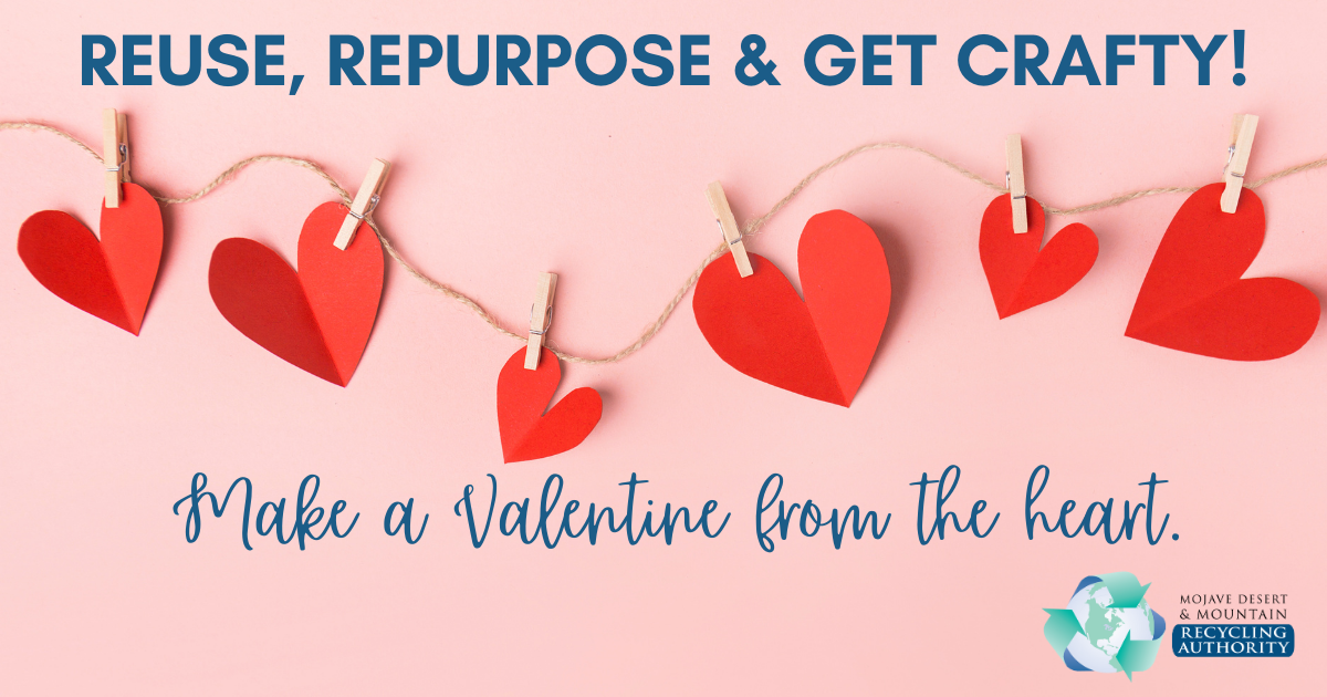 Red hearts cut out and on a string held by clips. Words: Reuse, Repurpose & get crafty