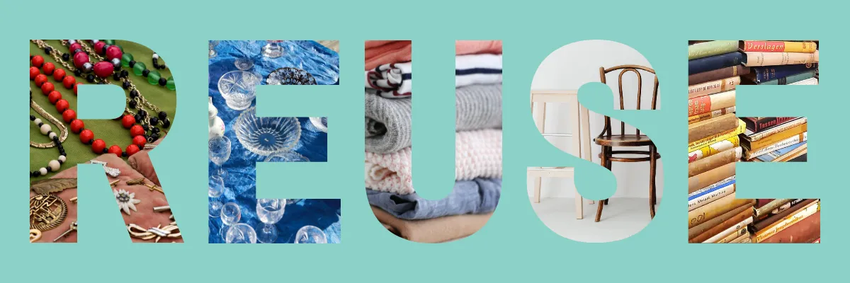 The Word REUSE made of common household items on a teal background