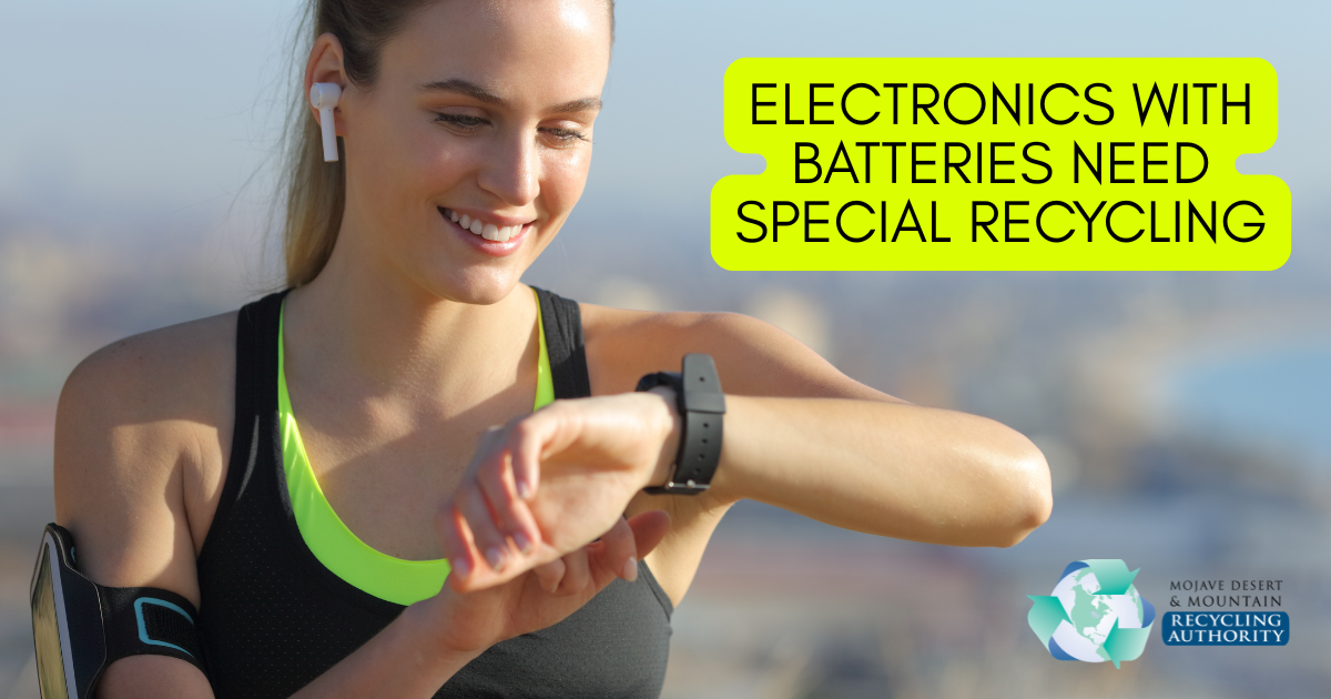 A jogging woman with earbuds, watch, and phone all with embedded batteries